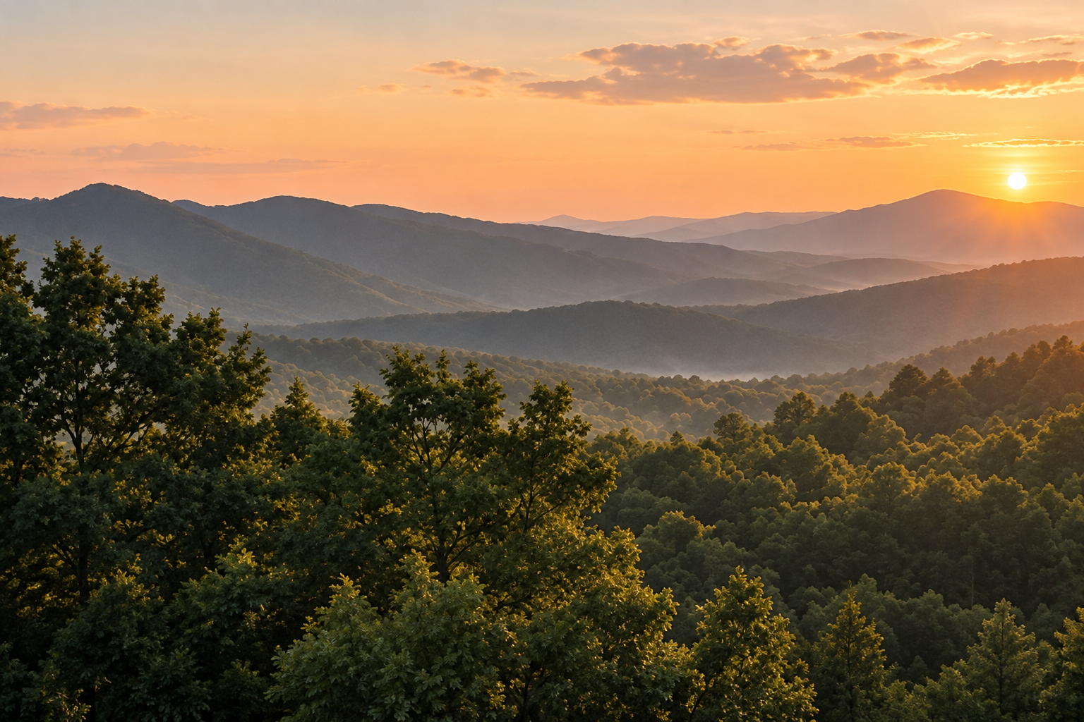 Golden evening light over the forested Blue Ridge Mountains near Asheville.