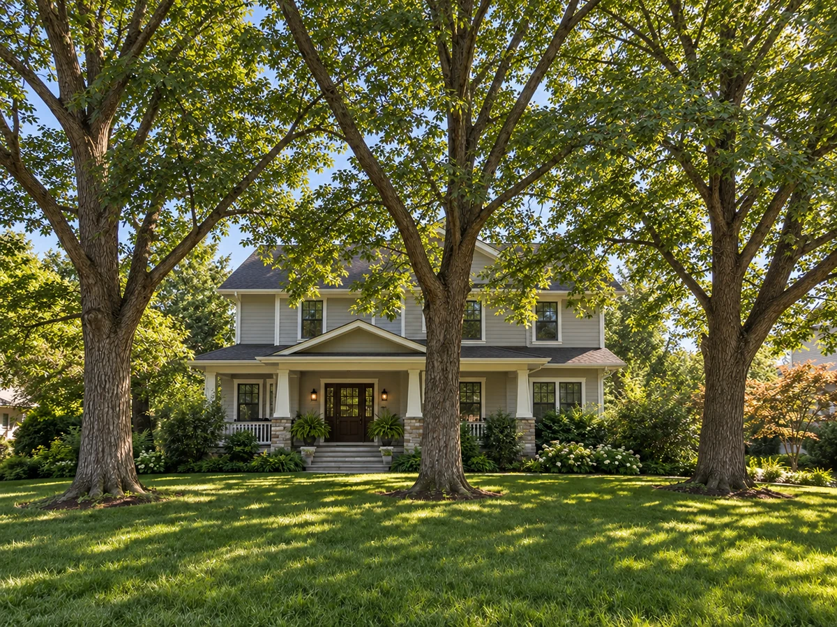 After pruning: an open canopy brings more light to the home and lawn.