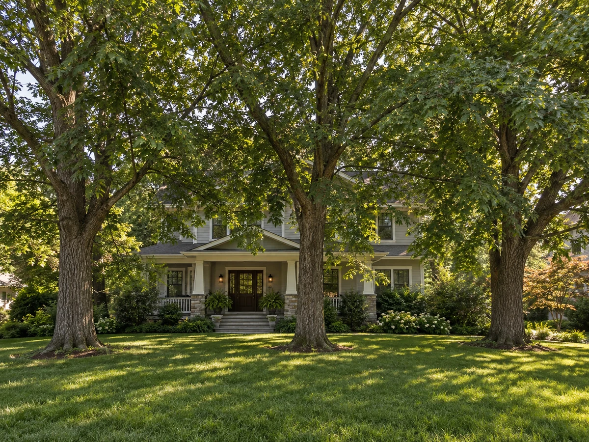 Before pruning: dense branches shade the front of the home.