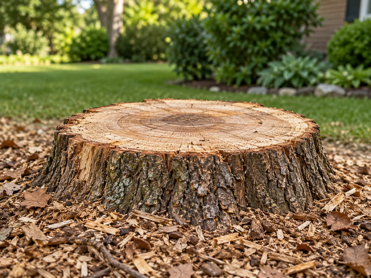 A cut tree stump surrounded by leaves and wood chips.
